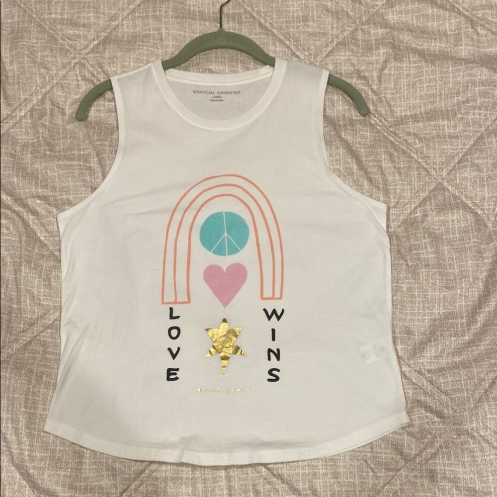 White Tank Top with Rainbow and Love Wins Design